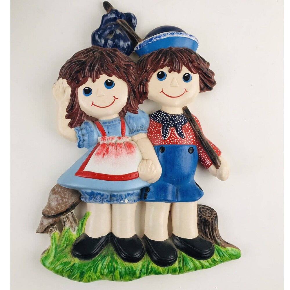VTG. 1970s Raggedy Ann & Andy Ceramic Chalkware Handpainted Wall Plaque 14" Tall